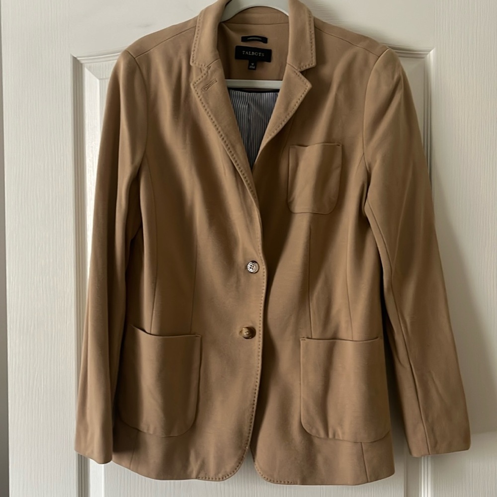 Camel blazer with two buttons, Talbots.